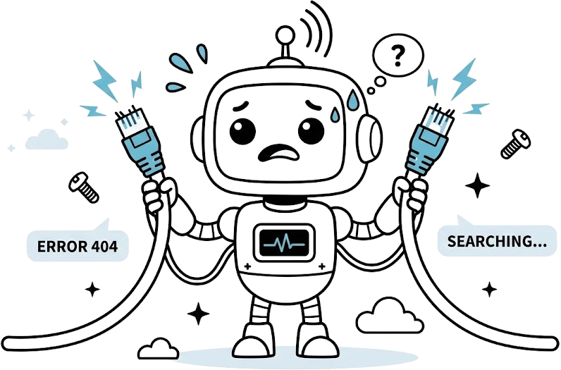 Zmatený robot drží v každé ruce jeden rozpojený konec kabelu